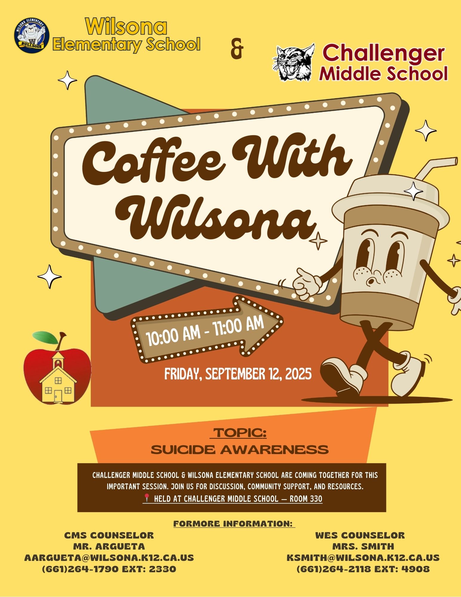 Yellow background, with a cartoon coffee cup, and the Wilsona school District logo.